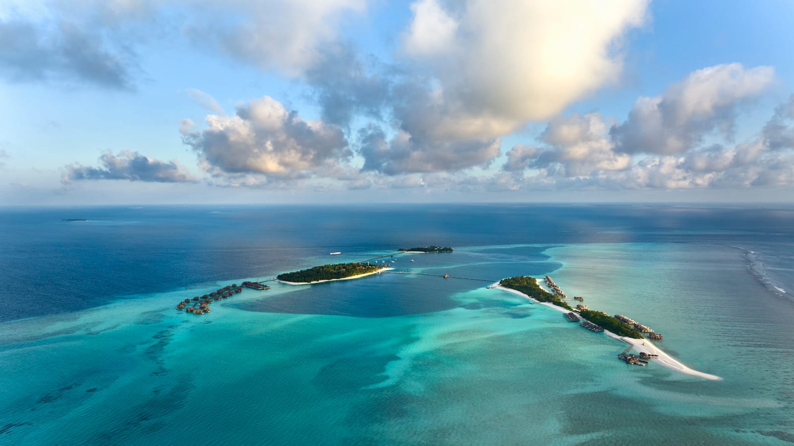 Aerial view of Conrad Maldives Rangali Island's twin islands and connecting bridge