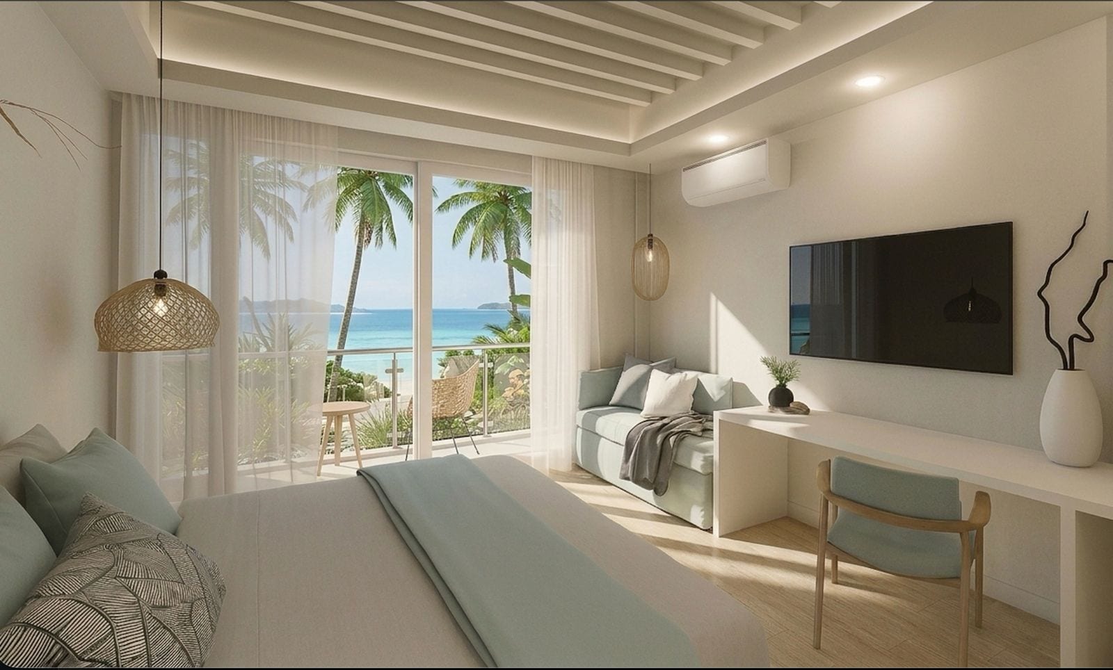 Rendering of a Beach View Deluxe room at Dimora Blu — king bed in pale linens under a slatted white ceiling, with floor-to-ceiling windows onto palms and the lagoon