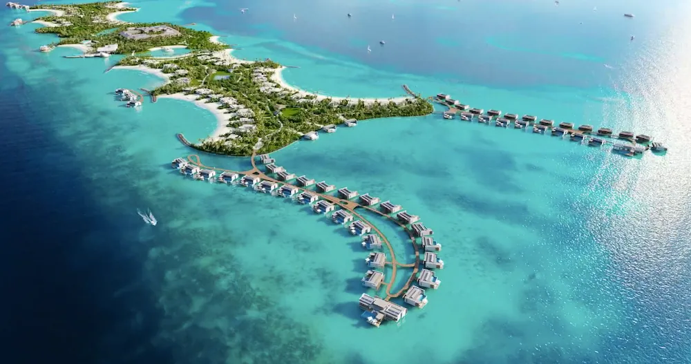 Mandarin Oriental Bolidhuffaru Reef rendering — three-island South Malé private-island resort