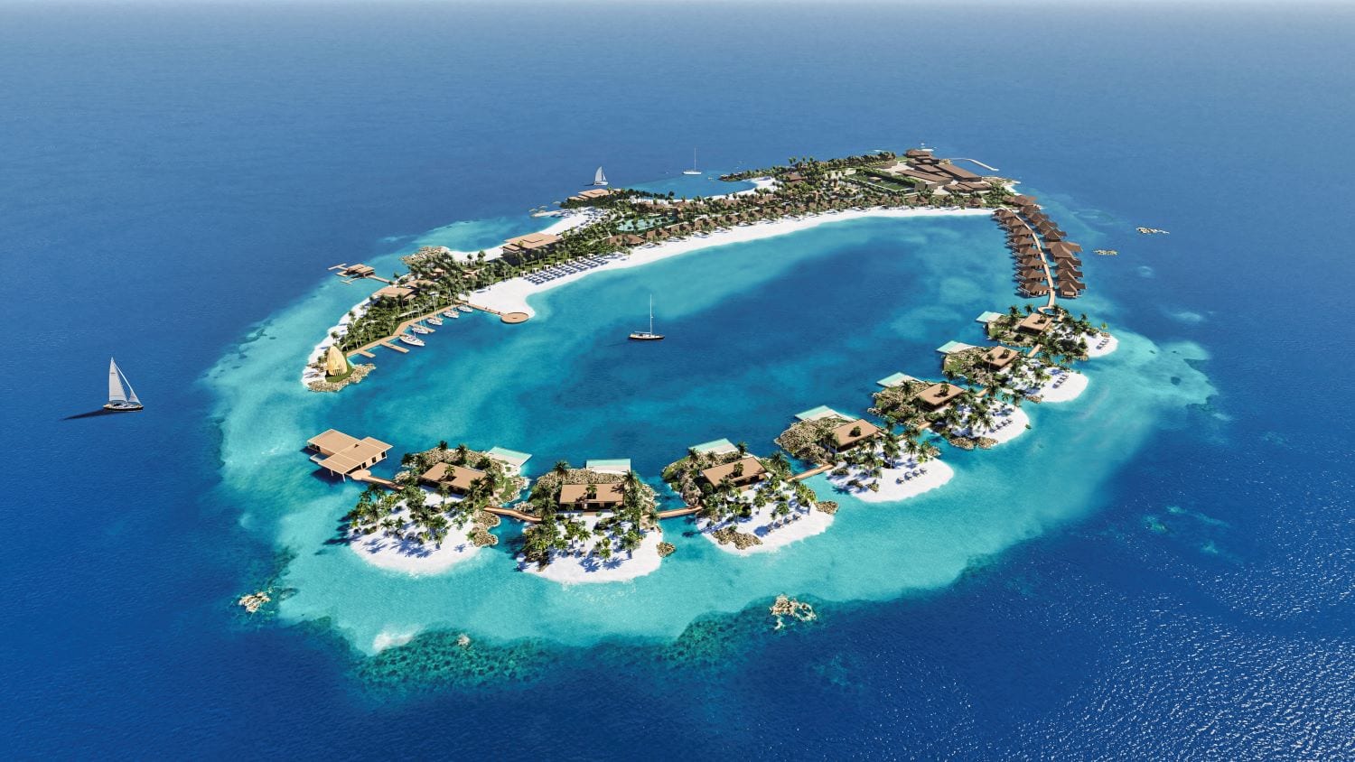 Nammos Resort Maldives at Nedafushi — Aegean-inspired villa rendering on a teardrop-shaped private island