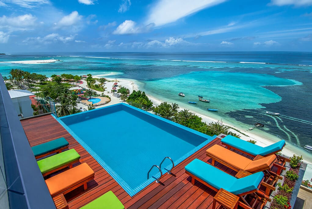 Triton Prestige Seaview rooftop pool and bikini beach, Maafushi