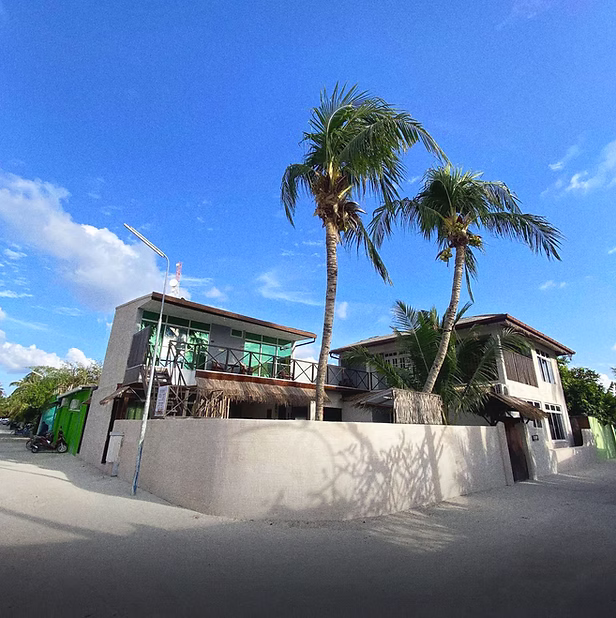Twin Palms Surfhouse beachfront and palms with Cokes break, Thulusdhoo